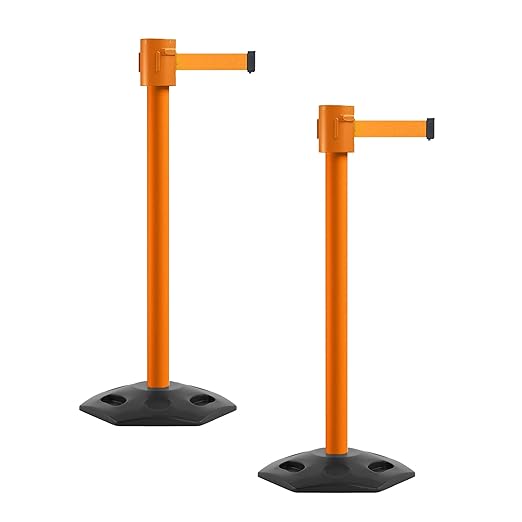 Montour Line MSR760 Set of 2 Retractable Belt Barrier Stanchion, Rubber Base, Orange Post (35 ft Fluorescent Orange Belt)