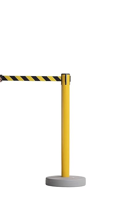 Crowd Control Warehouse - CCW Set of 2 Retractable Belt Barrier Stanchion, Water Fillable Base MSH630-11 Foot Belt, Black/Yellow Belt with Yellow PVC Plastic Post