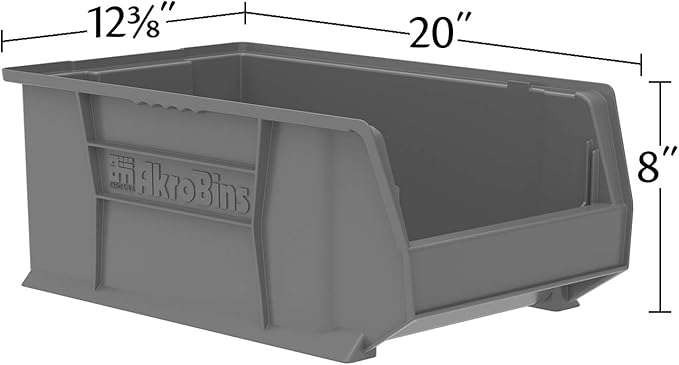 Akro-Mils 30281 Super-Size AkroBins Plastic Storage Bins, Space-Saving Stackable Bins for Garage, Classroom, Warehouse Organization, 20-Inch L x 12-Inch W x 8-Inch H, Grey, 3-Pack