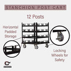 Trafford Industrial Stanchion Post Cart, 12 Posts, Horizontal Padded Storage and Locking Wheels for Safety
