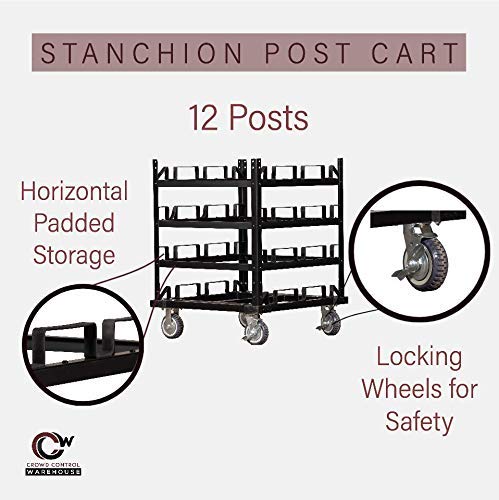 Trafford Industrial Stanchion Post Cart, 12 Posts, Horizontal Padded Storage and Locking Wheels for Safety