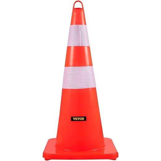 VEVOR Safety Cones, 6 x 28" Traffic Cones, PVC Orange Construction Cones, 2 Reflective Collars Traffic Cones with Weighted Base and Hand-Held Ring Used for Traffic Control, Driveway Road Parking