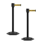 Montour Line MSR760 Set of 2 Retractable Belt Barrier Stanchion, Rubber Base, Black Powder Coated Post (35 ft Yellow with"Caution - Wet Floor" Black Letters Belt)