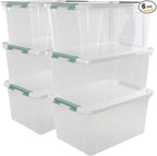 Plastic Storage Bin, Stackable and Nestable Storage Boxes with White Lids and Secure Latching Buckles, Large Storage Container (Clear, 35 Quart-6 Pack)