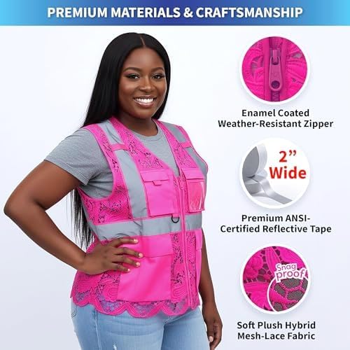 Lace-Mesh Safety Vest for Women & Men - Breathable, High Visibility Vest with Zipper & ANSI Class 2 Reflective Strips