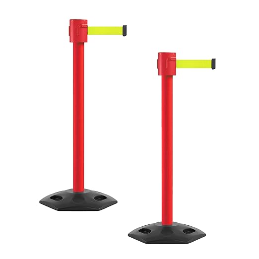Montour Line MSR760 Set of 2 Retractable Belt Barrier Stanchion, Rubber Base, Red Post (35 ft Fluorescent Yellow Belt)