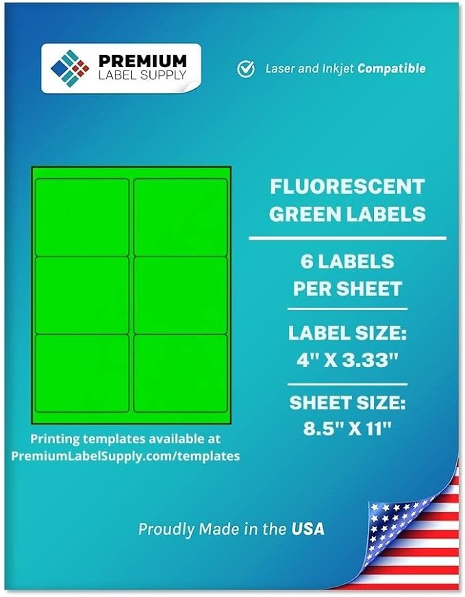 Premium Label Supply Bright Neon Color Fluorescent Stickers - 4" x 3.33" Labels - (Fluorescent Green, 150 Labels)