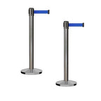 Crowd Control Warehouse CCW Series RBB-150 - Set of 2 Stanchion Retractable Belt Barriers - 16 Foot, Blue Belt with Satin Stainless Steel Post - Easy Assembly