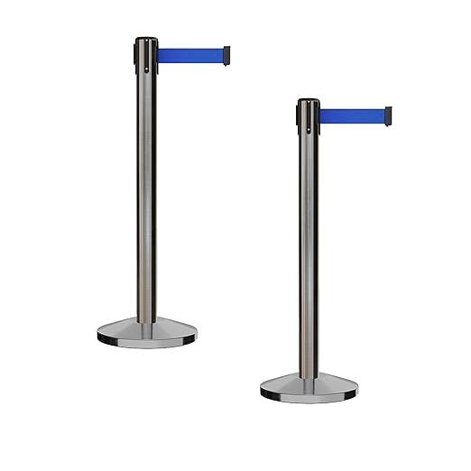 Crowd Control Warehouse CCW Series RBB-150 - Set of 2 Stanchion Retractable Belt Barriers - 16 Foot, Blue Belt with Satin Stainless Steel Post - Easy Assembly