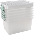 Plastic Storage Bin, Stackable and Nestable Storage Boxes with White Lids and Secure Latching Buckles, Large Storage Container (Clear, 35 Quart-6 Pack)