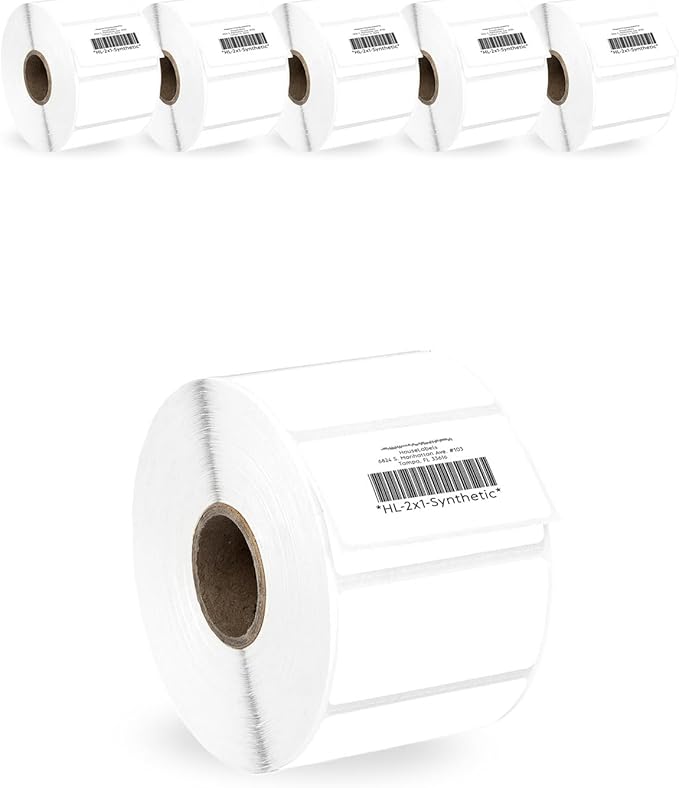 HOUSELABELS 2" x 1" Barcode Labels in Polypropylene Compatible with Zebra and Rollo Printers, 6 Rolls / 1,300 Labels per Roll