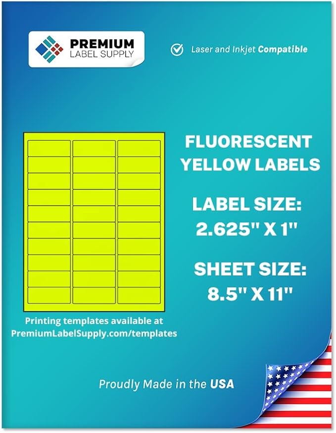 Premium Label Supply Bright Neon Color Fluorescent Stickers - 2.625" x 1" Address Labels - (Fluorescent Yellow, 750 Labels)
