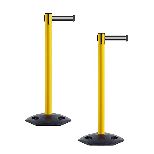 Crowd Control Warehouse CCW Series WBB-200 - Set of 2 Stanchion Retractable Belt Barriers - 11 Foot, Black White Horizontal Stripe Belt with Yellow Post - Easy Assembly