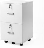 VINGLI 2 Drawer File Cabinet with Lock, Wood Grain White File Cabinets for Letter Size File Folders with Tabs, Mobile Under Desk Filing Cabinets for Home Office, Rolling Filing Cabinet Printer Stand