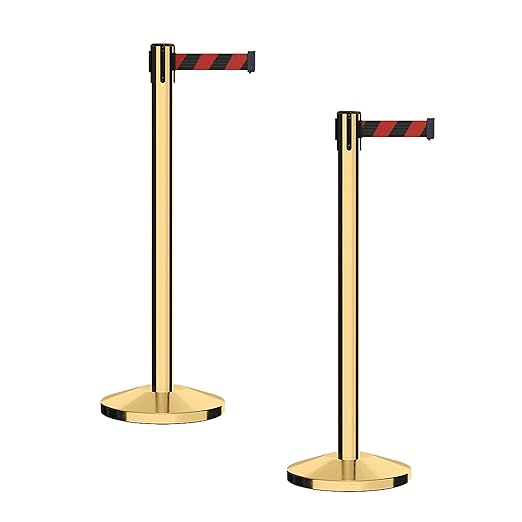 CCW Series RBB-100 - Set of 2 Stanchion Retractable Belt Barriers (11 Foot Belt, Black and Red Diagonal Belt with Polished Brass Post)