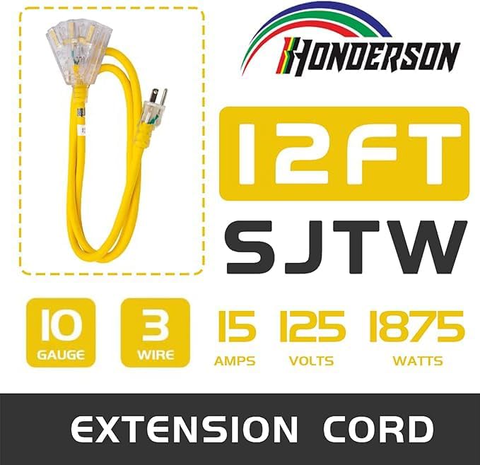 3-Outlets Indoor Outdoor Extension Cord Weatherproof with Lighted End, UL Listed, 10 Gauge 12FT Yellow 3 Prong Heavy Duty, 10/3 SJTW 15A Extension Cord
