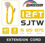3-Outlets Indoor Outdoor Extension Cord Weatherproof with Lighted End, UL Listed, 10 Gauge 12FT Yellow 3 Prong Heavy Duty, 10/3 SJTW 15A Extension Cord