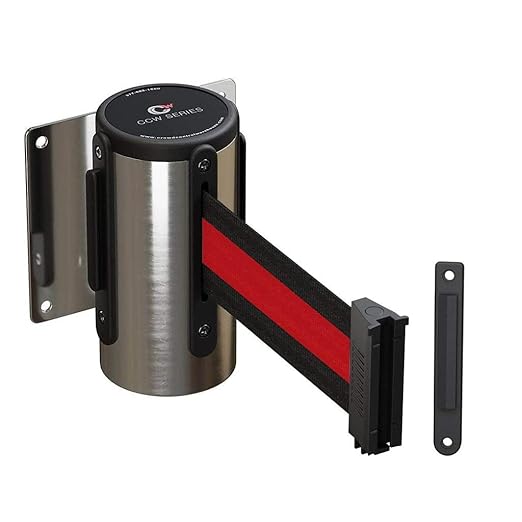Crowd Control Warehouse - CCW Series WMB-120 Fixed Wall Mount Retractable Belt Barrier - 11 Foot, Black/Red Stripe Belt with Stainless Steel Case