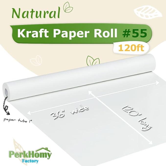 PerkHomy 36" x 1,440" (120') White Kraft Paper Roll for Craft Bulletin Board Paper Art Table Covering Crafting Gift Wrapping Bouquet Packing Parcel 80GSM 55LB (White, 36" x 120')