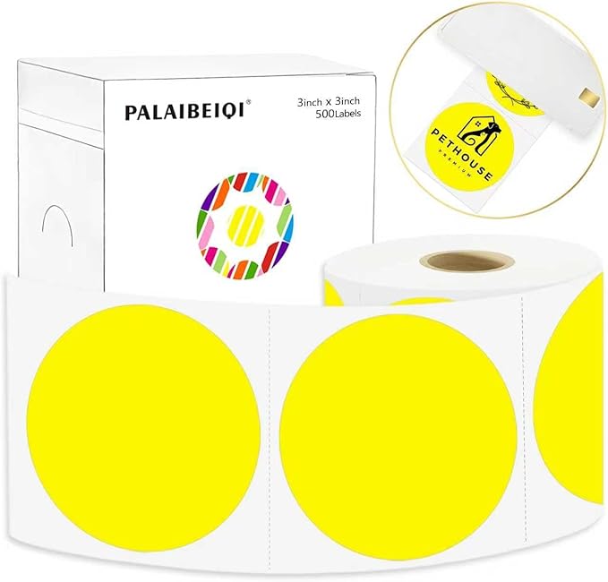 3 X 3 Inch Round Thermal Labels Circle Color Coding Labels Printable Waterproof 500PCS Round Stickers Adhesive Writable for Office, Home, Garage, DIY Sticker, Name Tag, Yellow