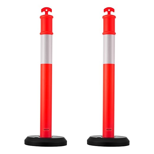 VEVOR 2 Pack Traffic Delineator Posts, 48 inches Traffic Safety Cones with Fillable Base and Reflective Strips, Heavy Duty Delineator Posts for Construction Site, Parking Lot, Crowd Control, Red