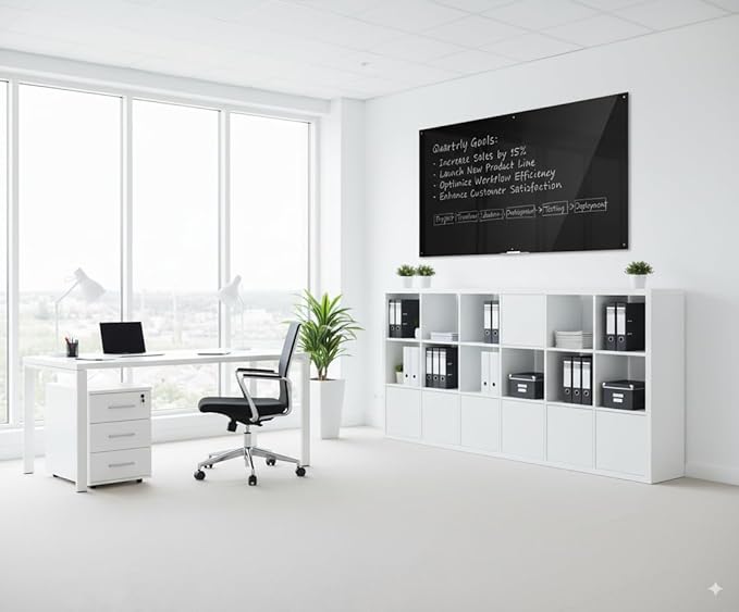 72" x 48" Black Extra Large Glass Whiteboard 6' x 4' Frameless Tempered Black Dry Erase Board with Marker Tray for Interactive Office, Wall Mounted Frosted Glass White Board