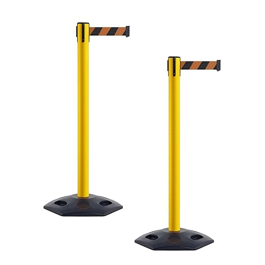 CCW Series WBB-200 Set of 2 Outdoor Safety Rubber Base Stanchion Retractable Belt Barriers - Easy to Assemble, No Tools Required (11 Foot Belt, Black and Orange Diagonal Belt with Yellow Post)