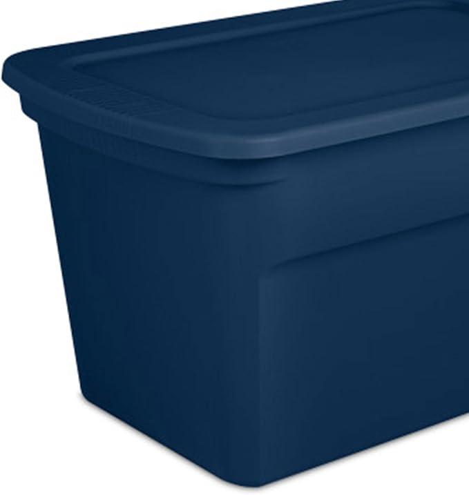 Sterilite 18-Pack Tote, Plastic Storage Bins with Snap Lids, 30 Gallon, Marine Blue - Stackable Home Organizers with In-Molded Handles for Bedroom, Garage, Basement and Attic