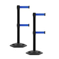 CCW Series WBB-200D - Set of 2 Retractable Dual Belt Barrier Stanchion, Heavy Duty Rubber Base, Black Post (7.5 Foot Belt, Blue Belt)