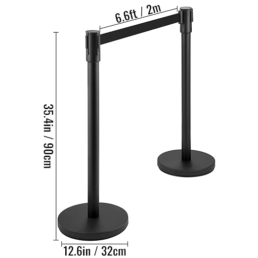 VEVOR Crowd Control Stanchion, Set of 8 Pieces Stanchion Set, Stanchion Set with 6.6 ft/2 m Black Retractable Belt, Black Crowd Control Barrier w/Concrete and Metal Base - Easy Connect Assembly