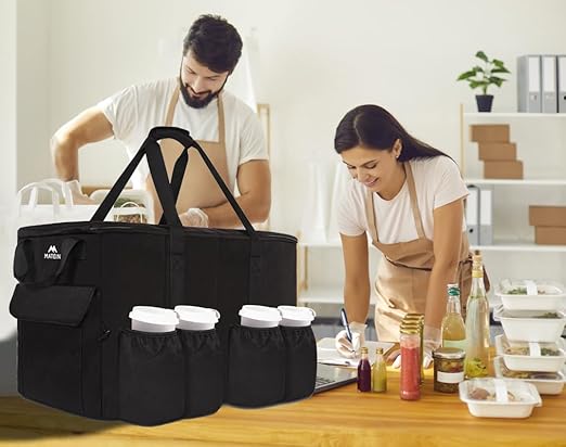 MATEIN Food Delivery Bag XXL - 23x14x15 inches, Water Resistant Large Insulated Hot & Cooler Catering Bags with Cup Holders for Food Deliveries, Pizza Warmer Carrying Case, Black