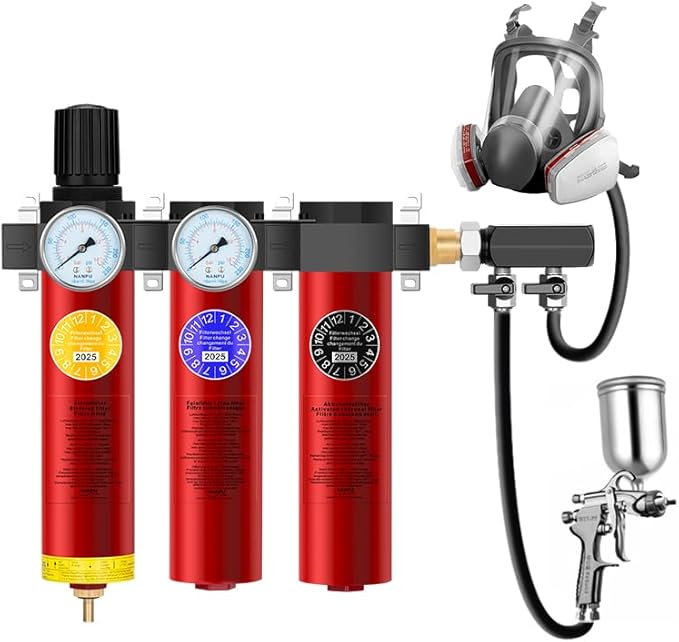 NANPU Z Series 3-Stage Air Filtration System - Sintered, Fine, & Charcoal Filters, 3/8" NPT Inlet, 1/4" NPT Outlet Module, 0-230 psi Gauge, 127 CFM @ 6 bar, Metal Housing, Auto Drain