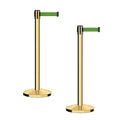 CCW Series RBB-100 - Set of 2 Stanchion Retractable Belt Barriers (7.5 Foot Belt, Green Belt with Polished Brass Post)