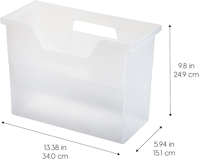 IRIS USA Medium Portable Desktop File Box with Open Top, Side Handles, Hanging File Folders, Tabs & Inserts, Letter Size, For Magazines Newspapers Mail Books Notebooks Binder Homework, Clear