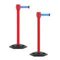 Montour Line MSR760 Set of 2 Retractable Belt Barrier Stanchion, Rubber Base, Red Post (35 ft Light Blue Belt)