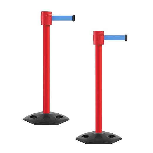 Montour Line MSR760 Set of 2 Retractable Belt Barrier Stanchion, Rubber Base, Red Post (35 ft Light Blue Belt)