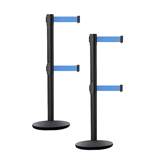 Crowd Control Warehouse CCW Set of 2 Dual Retractable Belt Barrier Stanchion, Cast Iron Base Black Post, IRBB-100D (7.5 Belt, Light Blue Belt)