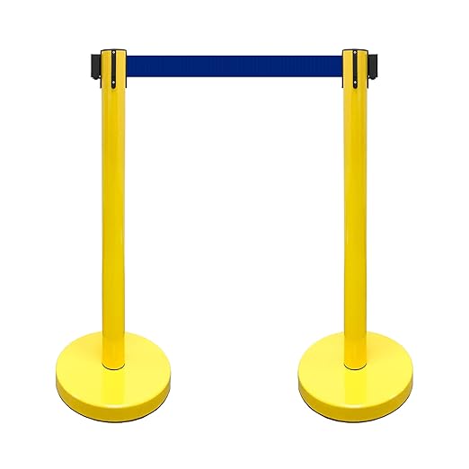 VIP Crowd Control Retractable Belt Stanchion Queue Safety Barrier Set, 36" Ht, 78" Belt (2 YEL Posts Blue Belt)