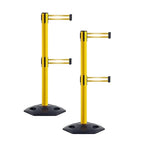 Crowd Control Warehouse CCW Set of 2 Retractable Dual Belt Stanchion Safety Barrier, Heavy-Duty Rubber Base Yellow Post, WBB-200D (9 Foot Belt, Yellow with Horizontal Reflective Stripe Belt)