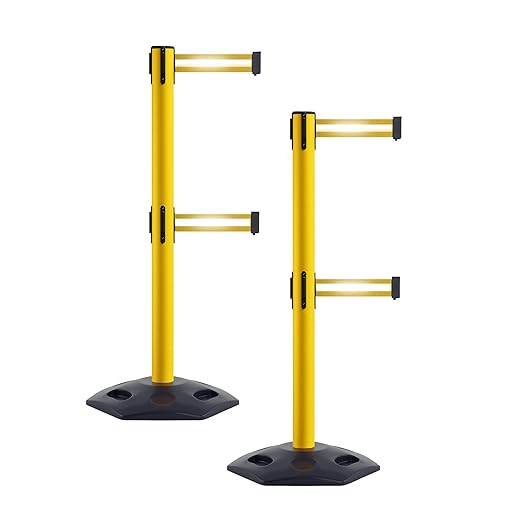 Crowd Control Warehouse CCW Set of 2 Retractable Dual Belt Stanchion Safety Barrier, Heavy-Duty Rubber Base Yellow Post, WBB-200D (7.5 Foot Belt, Yellow with Horizontal Reflective Stripe Belt)