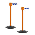 Montour Line MSR760 Set of 2 Retractable Belt Barrier Stanchion, Rubber Base, Orange Post (35 ft Blue and White Diagonal Belt)