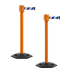 Montour Line MSR760 Set of 2 Retractable Belt Barrier Stanchion, Rubber Base, Orange Post (35 ft Blue and White Diagonal Belt)