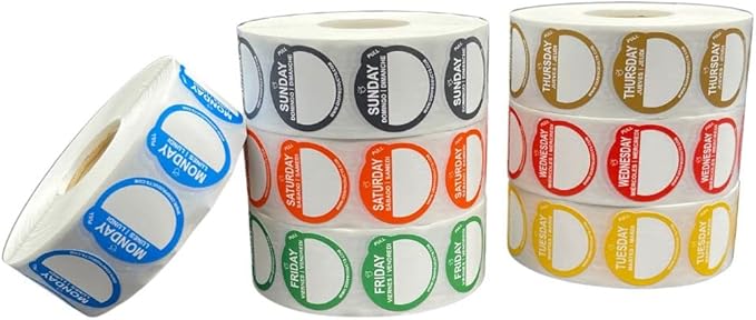 QSRProducts Removable Day Label - 1 inch - Peel Tab - Week (Mon-Sun) (7000 Stickers) - Food and Restaurant Day Dots - FIFO - Inventory Management Labels - Meal Prep Stickers - Gift Tags