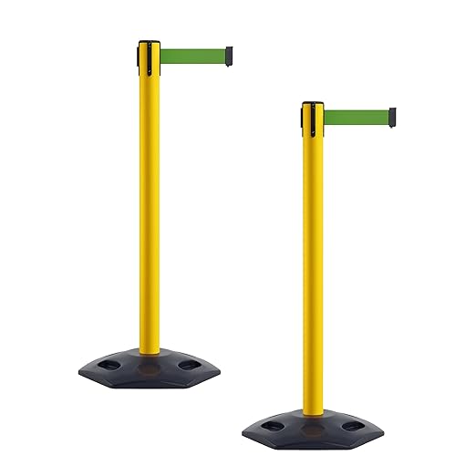 Crowd Control Warehouse CCW Series WBB-200 - Set of 2 Stanchion Retractable Belt Barriers - 11 Foot, Green Belt with Yellow Post - Easy Assembly