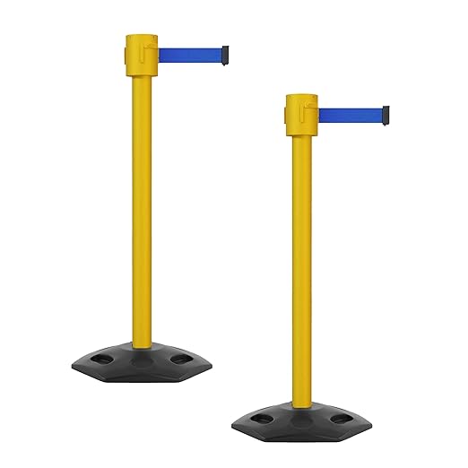 Montour Line MSR760 Set of 2 Retractable Belt Barrier Stanchion, Rubber Base, Yellow Post (35 ft Blue Belt)