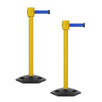 Montour Line MSR760 Set of 2 Retractable Belt Barrier Stanchion, Rubber Base, Yellow Post (35 ft Blue Belt)