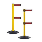 Crowd Control Warehouse CCW Set of 2 Retractable Dual Belt Stanchion Safety Barrier, Heavy-Duty Rubber Base Yellow Post, WBB-200D (7.5 Foot Belt, Maroon Belt)