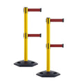 Crowd Control Warehouse CCW Set of 2 Retractable Dual Belt Stanchion Safety Barrier, Heavy-Duty Rubber Base Yellow Post, WBB-200D (11 Foot Belt, Maroon Belt)