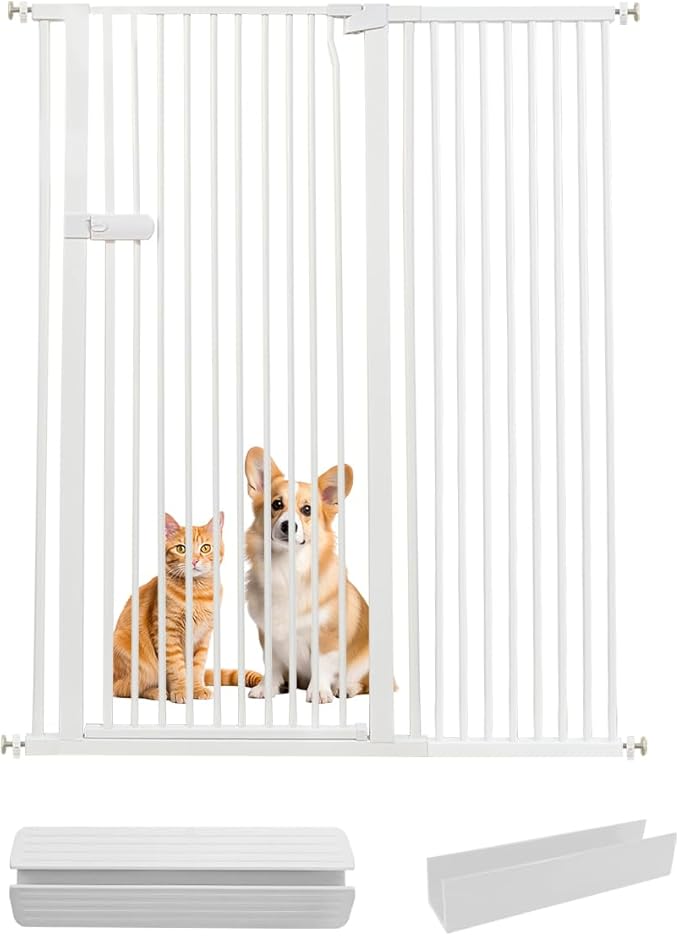 Lumizone Extra Tall Cat Gate 55.12" High Pressure Mounted Extra Wide 2025 New (17 Sizes) 1.37" Gap No Drilling Auto-Close One-Handed Operation Tall Pet Gate for Dogs(White, 55.12" H x 46.65"-50.97" W)