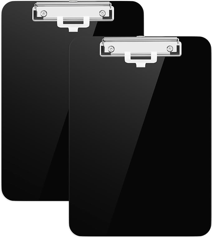 Hongri Plastic Clipboard with Pen Holder, Black 8.5x11 Letter Size Clip Board for Classroom, Office, Students, Nurses and Women, Low Profile Clip, Size 12.5 x 9 in(Pack of 2)